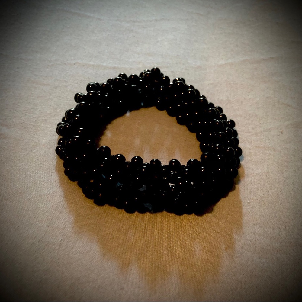 Vintage Lucite Black Stretch Beaded Woven Mesh Bracelet